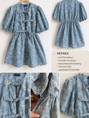 Miou Muse Women's Blue Floral Denim Puff-Sleeve with Front Ties Dress SZ S/26-27